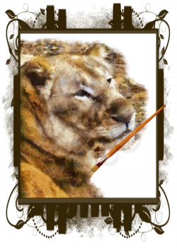 Illustration of artist paintbrush painting lion on framed canvas vector