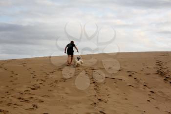 Picture of a Boy Walking His Dogs Up a Dune