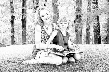 Drawing of Lovely Mom and daughter Reading Book Outdoors