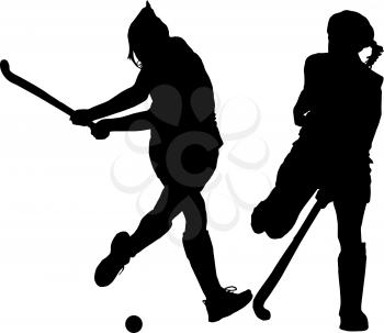 Black on white silhouette of girls ladies hockey players hitting and blocking ball
