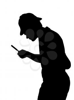 Silhouette of a teenage boy investigating with a magnifying glass and Sherlock hat