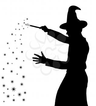 Silhouette of a teenage boy wizard with hat creating magic 