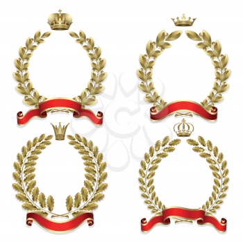 Royalty Free Clipart Image of a Set of Laurel Wreaths and Red Ribbons