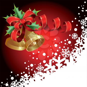 Royalty Free Clipart Image of a Christmas Background With Snow and a Bell
