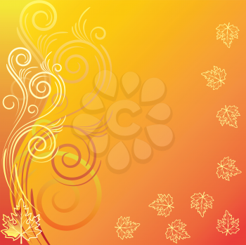 Royalty Free Clipart Image of a Yellow Gold Background With Leaves and Flourishes