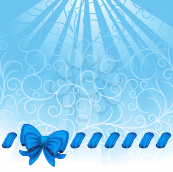Royalty Free Clipart Image of a Blue Background With a Ribbon and Bow Bottom