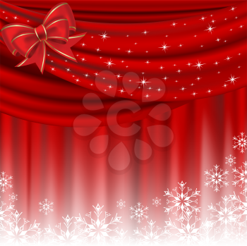 Royalty Free Clipart Image of a Red Curtain With a Bow and Snowflakes