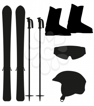 Royalty Free Clipart Image of a Ski Equipment Silhouettes