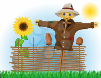 scarecrow straw in a coat and hat with fence and sunflowers vector illustration