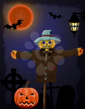 halloween pumpkin and scarecrow in the night sky vector illustration