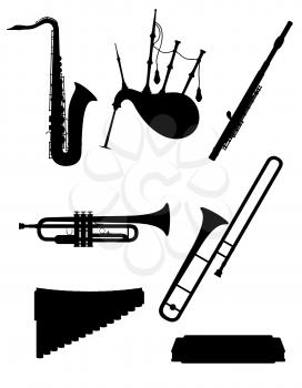 wind musical instruments set icons black outline silhouette stock vector illustration isolated on white background