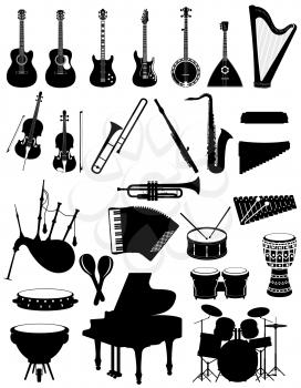musical instruments set icons black silhouette outline stock vector illustration isolated on white background