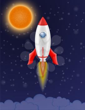 space rocket retro spaceship flying through the starry sky vector illustration