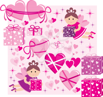 Royalty Free Clipart Image of Hearts, Gifts and Fairies