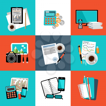 Flat vector set of office things, equipment, objects.  Vector illustration