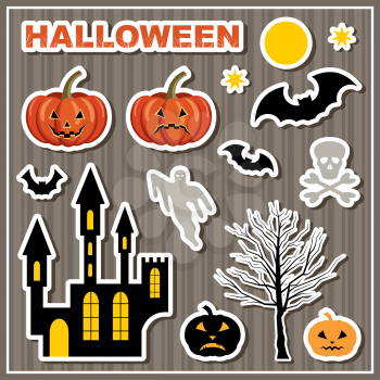 Set of stickers Halloween. Lock, bats, pumpkin, skull and ghost. Vector illustration