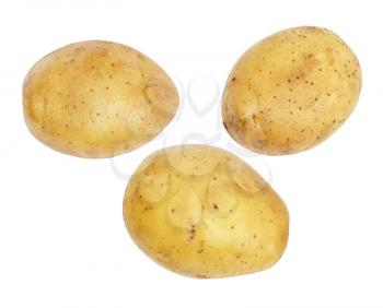 Three fresh and washed potatoes on white background 