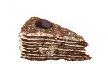 Piece of chocolate cake filled with cream isolated 