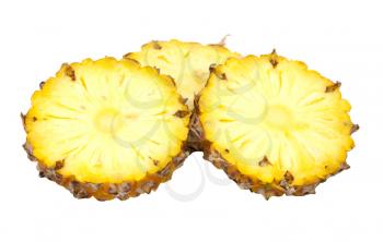 three ananas slices, isolated on white background, with light shadow 