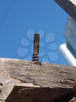 Rusty nail in obsolete wood plank