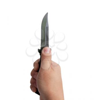 black knife in his hand on a white background