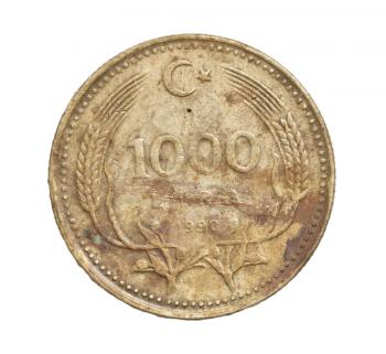 Turkish lira coin on a white background