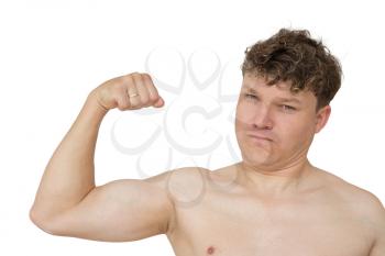 man shows biceps isolated on white background