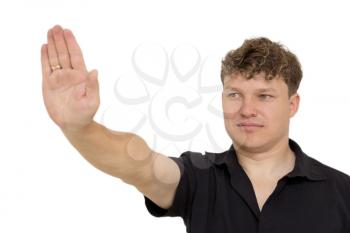 man showing stop hand on a white background