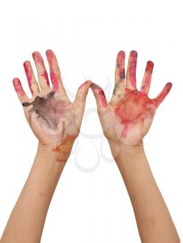 Child hands painted with watercolors, on white background