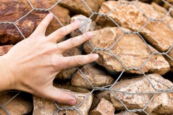 Man's hand on a stone wall in nature
