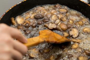 champignon mushrooms fried in a pan