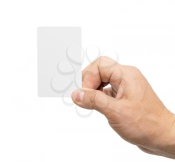 white card in hand on white background