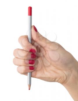 pencil in hand with red nail polish on a white background
