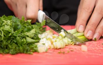 sliced green onions with a knife