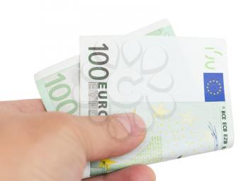one hundred euro in hand on a white background