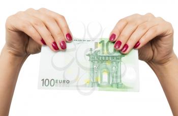 one hundred euro in hand girls on white background