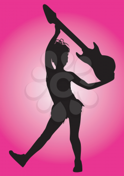 Royalty Free Clipart Image of a Little Guitar Player in Silhouette on a Pink Background