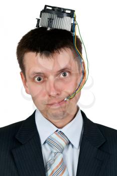 Royalty Free Photo of a Businessman With a Computer Fan on His Head