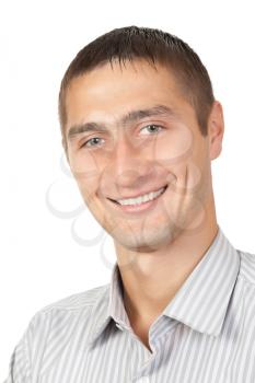 Portrait of handsome young man isolated on white background. Caucasian man smiling.