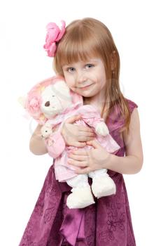 portrait of a little girl 4 years old with a plush toy bear isolated on white background