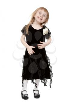 hamming little lady in the studio. Isolate on white background
