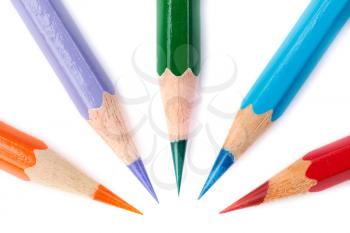 Five colour pencils isolated on white background