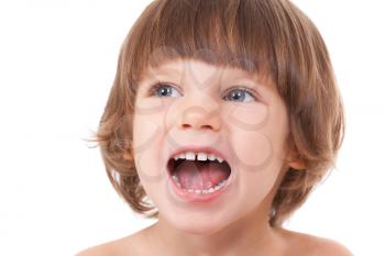 Studio portrait of a close-up of a girl with her mouth open with joy. Isolate on white.