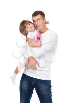 Happy man and his daughter. Isolated on white background. Studio shot