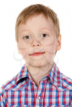 portrait of a boy in a plaid shirt, isolated on white background