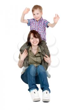 Mom and her young son playing on a white background