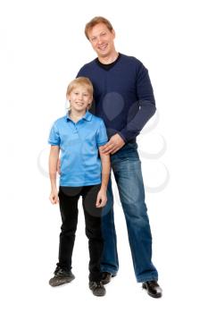 Dad and son are in the studio on a white background