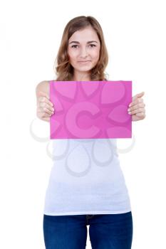 Beautiful girl with a pink sheet of paper winks, isolate on white