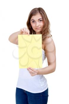 young woman holding empty yellow board, on a white background