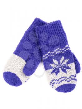 pair of knitted mittens with pattern snowflake. Isolate on white.